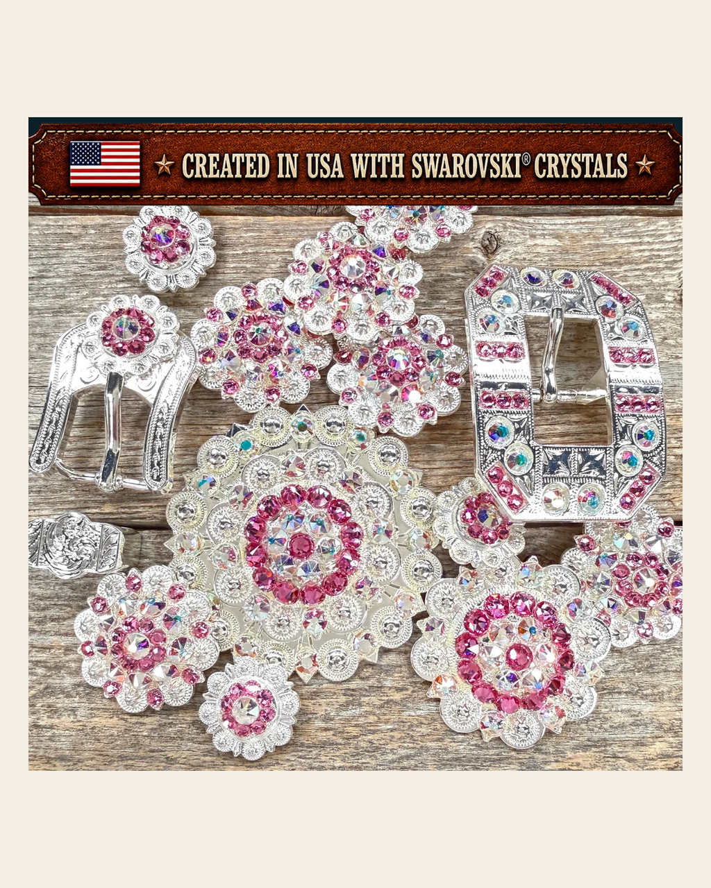 Bright Silver Pink - AB Crystal Conchos | Sizes 1"- 3" | Buckles | Saddle Set | Leather Rosettes | Slide on a warm cream background