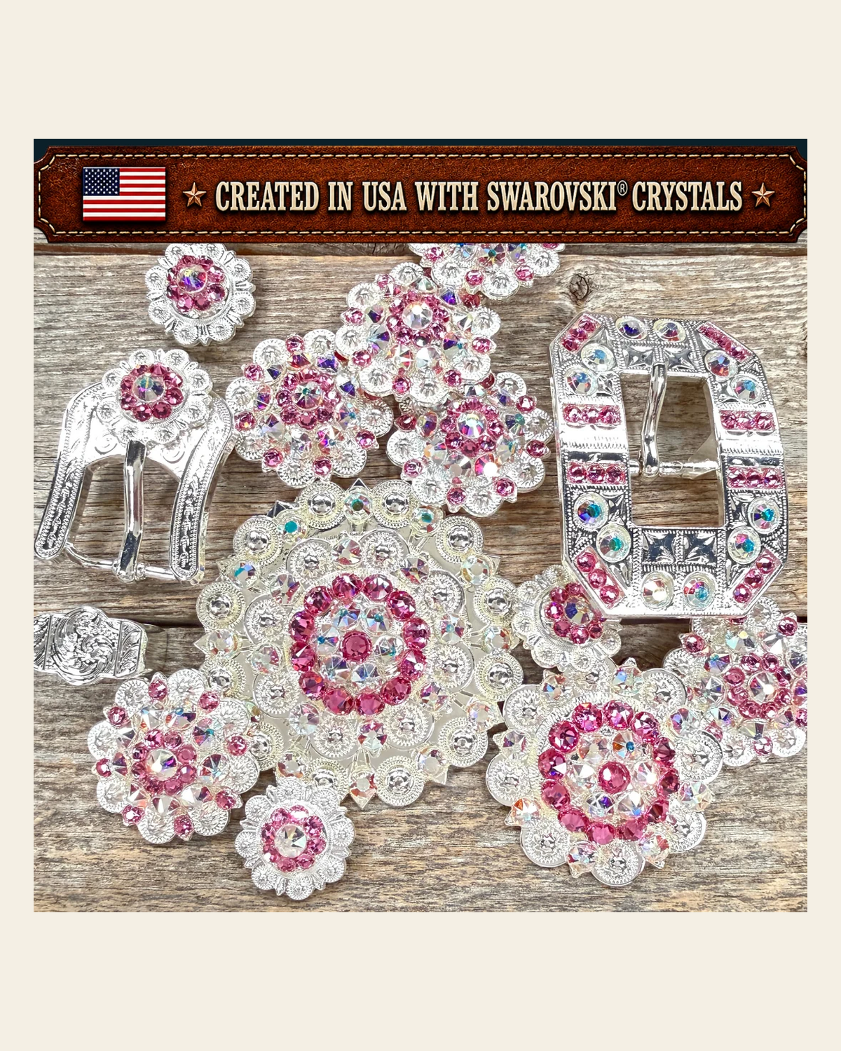 Bright Silver Pink - AB Crystal Conchos | Sizes 1"- 3" | Buckles | Saddle Set | Leather Rosettes | Slide on a warm cream background