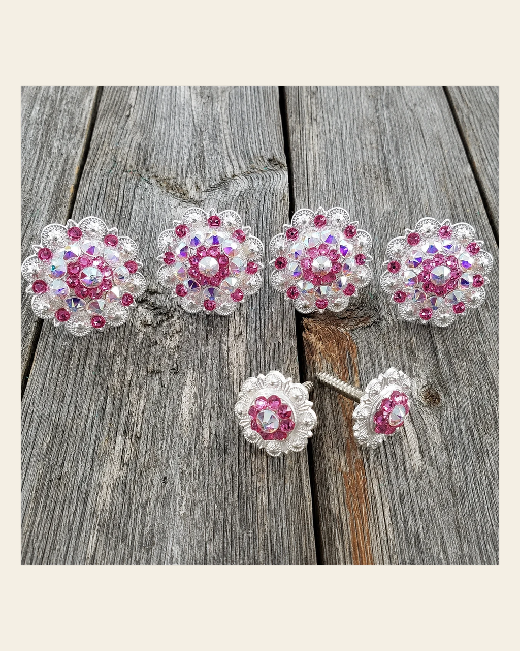 Bright Silver Pink & AB Saddle Conchos on a warm cream background