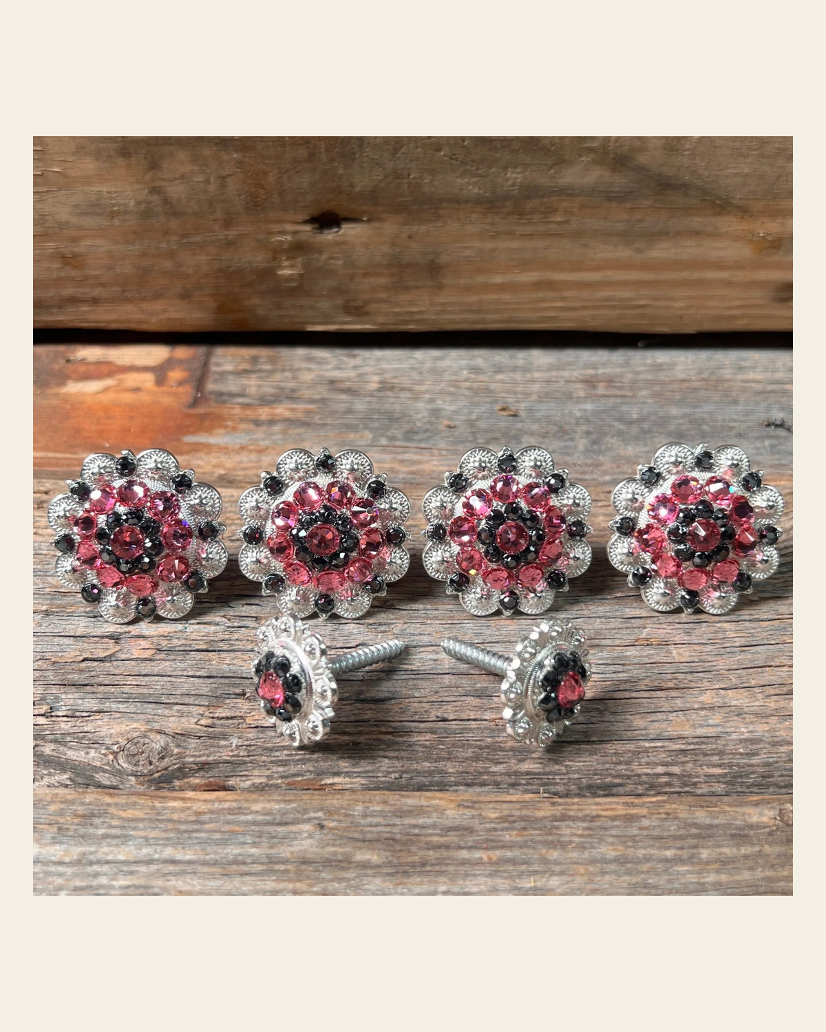 Bright Silver Pink & Jet Saddle Conchos on a warm cream background
