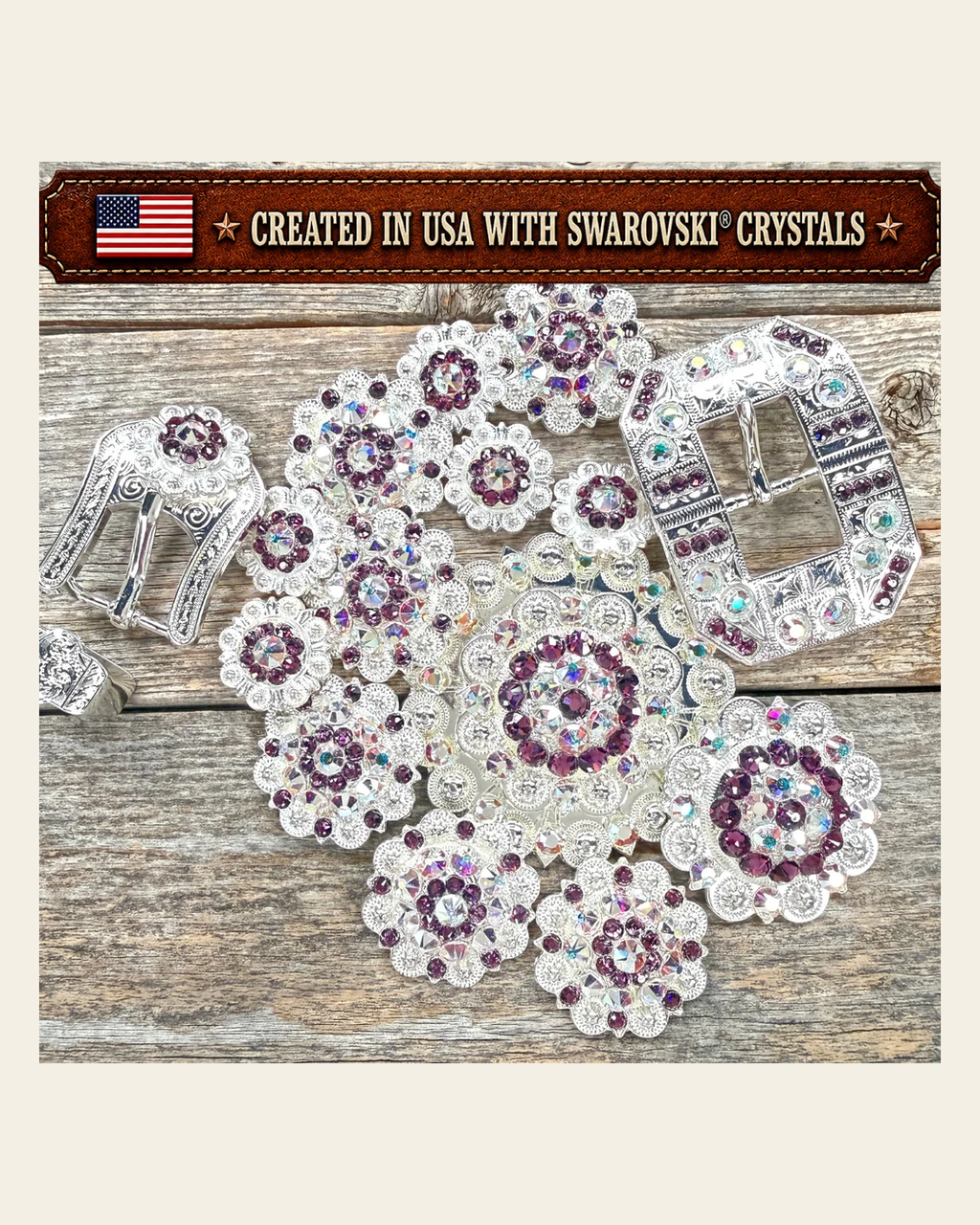 Bright Silver Amethyst - AB Crystal Conchos | Sizes 1"- 3" | Buckles | Saddle Set | Leather Rosettes | Slide on a warm cream background