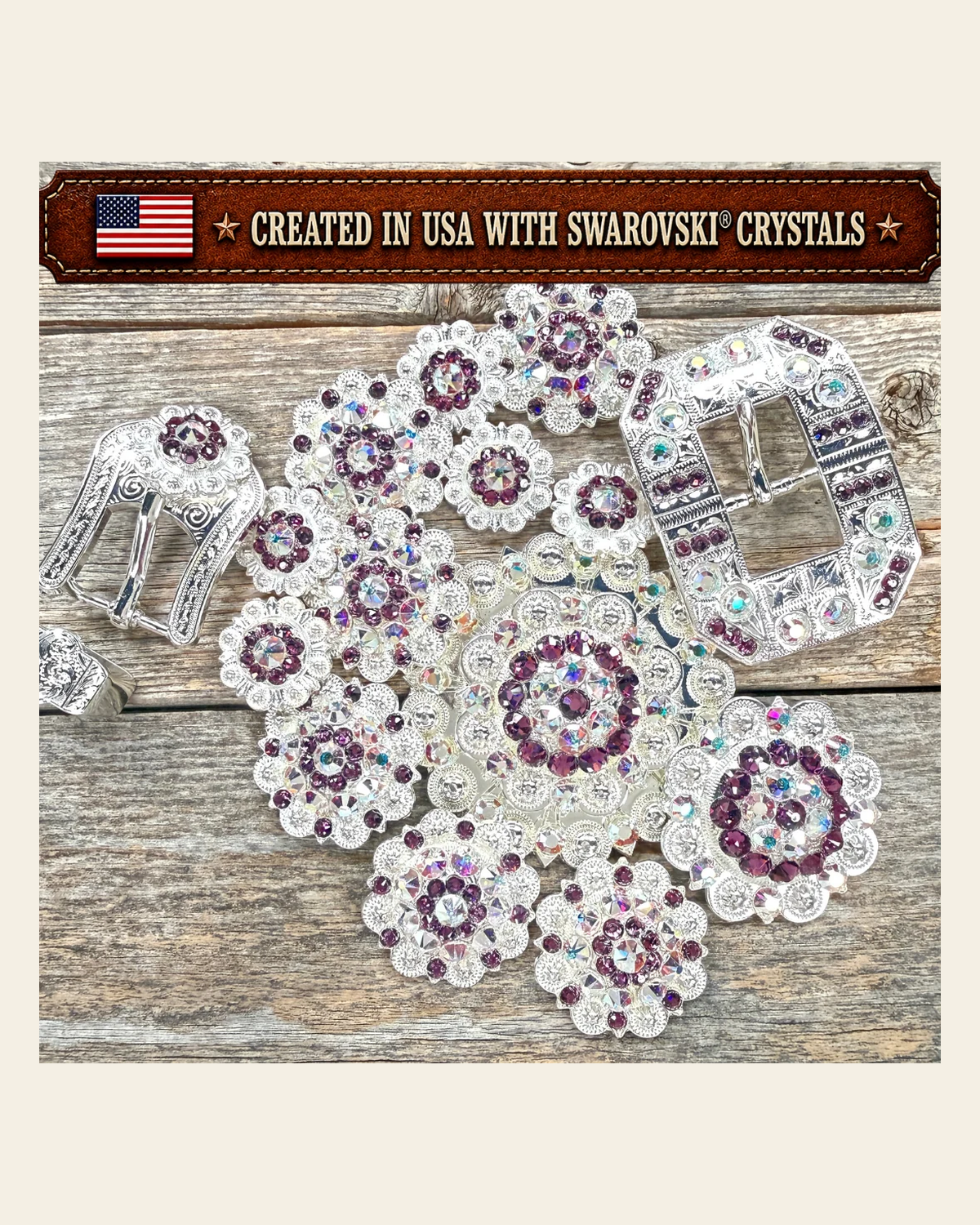 Bright Silver Amethyst - AB Crystal Conchos | Sizes 1"- 3" | Buckles | Saddle Set | Leather Rosettes | Slide on a warm cream background