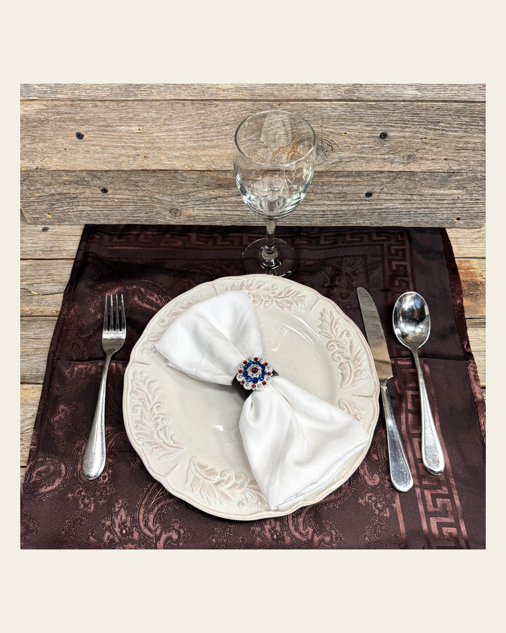 Bright Silver Red/White/Blue Crystal Concho Napkin Ring #CNR103 on a warm cream background