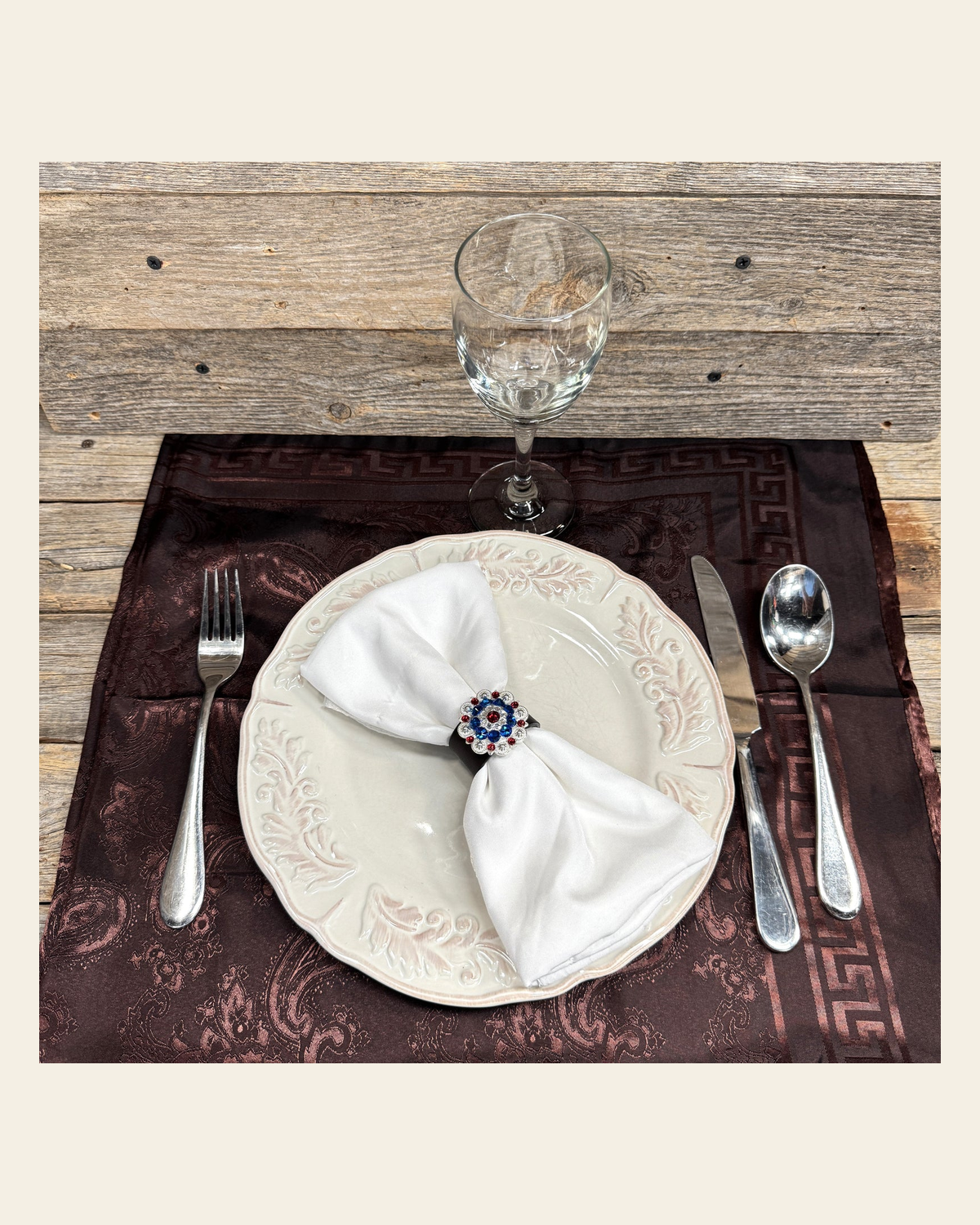 Bright Silver Red/White/Blue Crystal Concho Napkin Ring #CNR103 on a warm cream background
