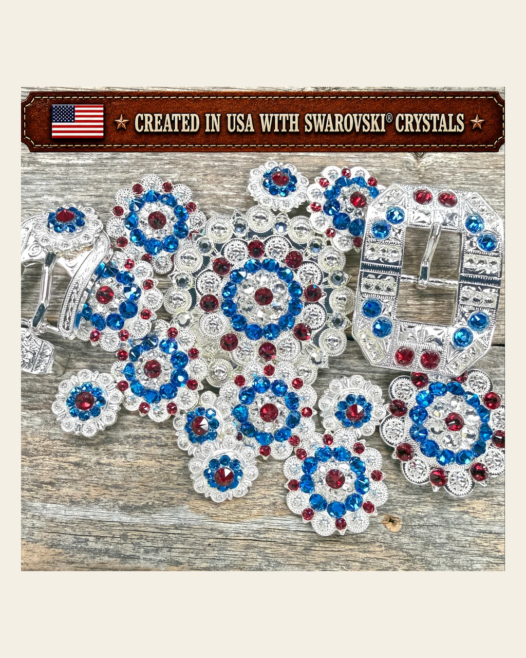 Bright Silver Red - White - Blue Crystal Conchos | Sizes 1"- 3" | Buckles | Saddle Set | Leather Rosettes | Slide on a warm cream background
