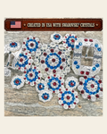 Bright Silver Red - White - Blue Crystal Conchos | Sizes 1"- 3" | Buckles | Saddle Set | Leather Rosettes | Slide on a warm cream background