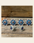Bright Silver Red, White & Blue Saddle Conchos on a warm cream background
