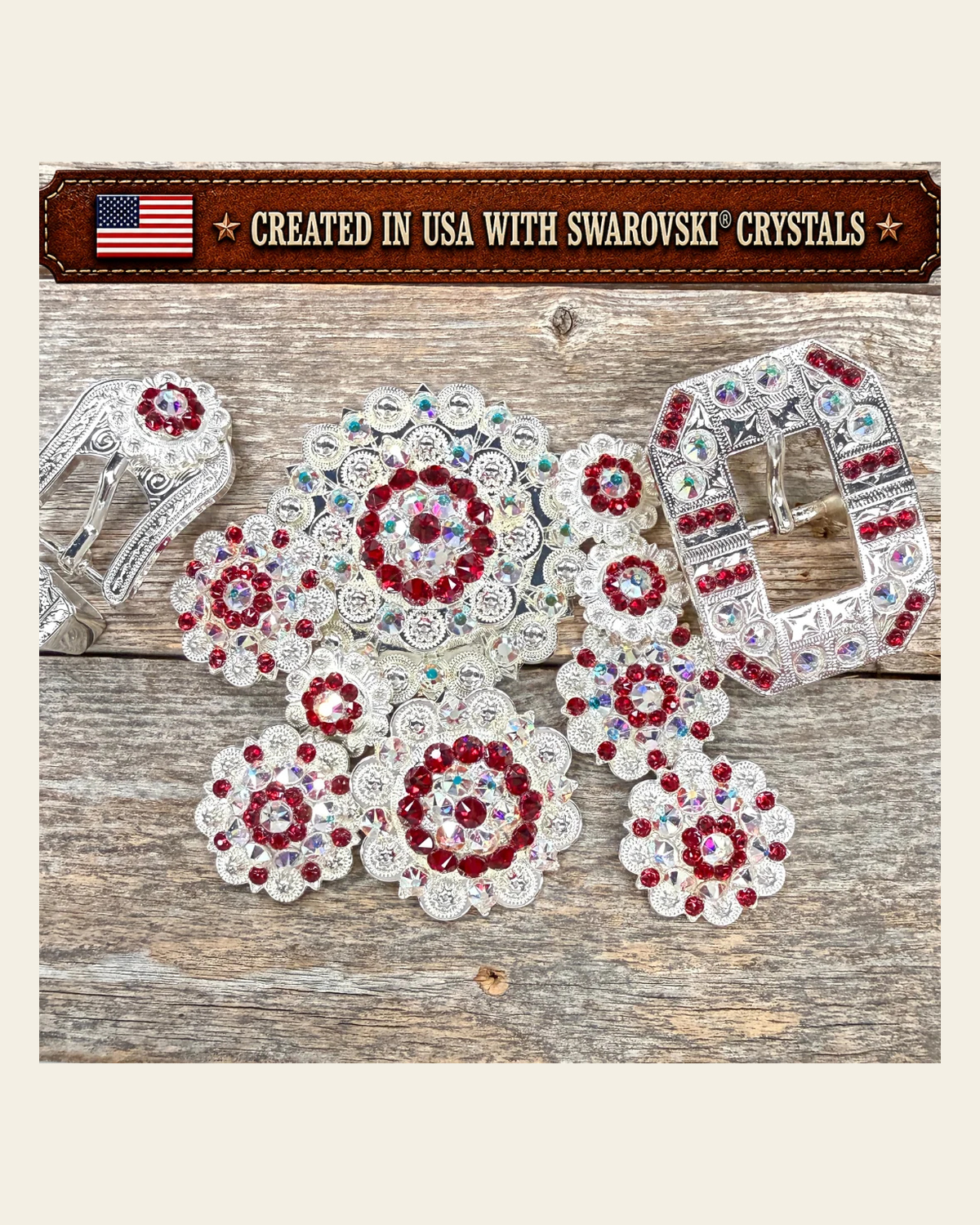 Bright Silver Ruby - AB Crystal Conchos | Sizes 1"- 3" | Buckles | Saddle Set | Leather Rosettes | Slide on a warm cream background