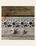 Bright Silver Ruby Jet & Clear Saddle Conchos on a warm cream background
