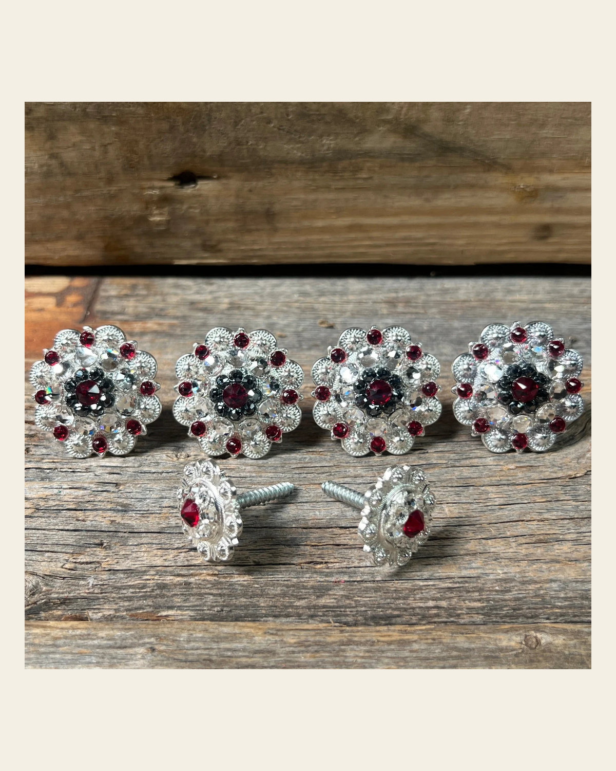 Bright Silver Ruby Jet & Clear Saddle Conchos on a warm cream background