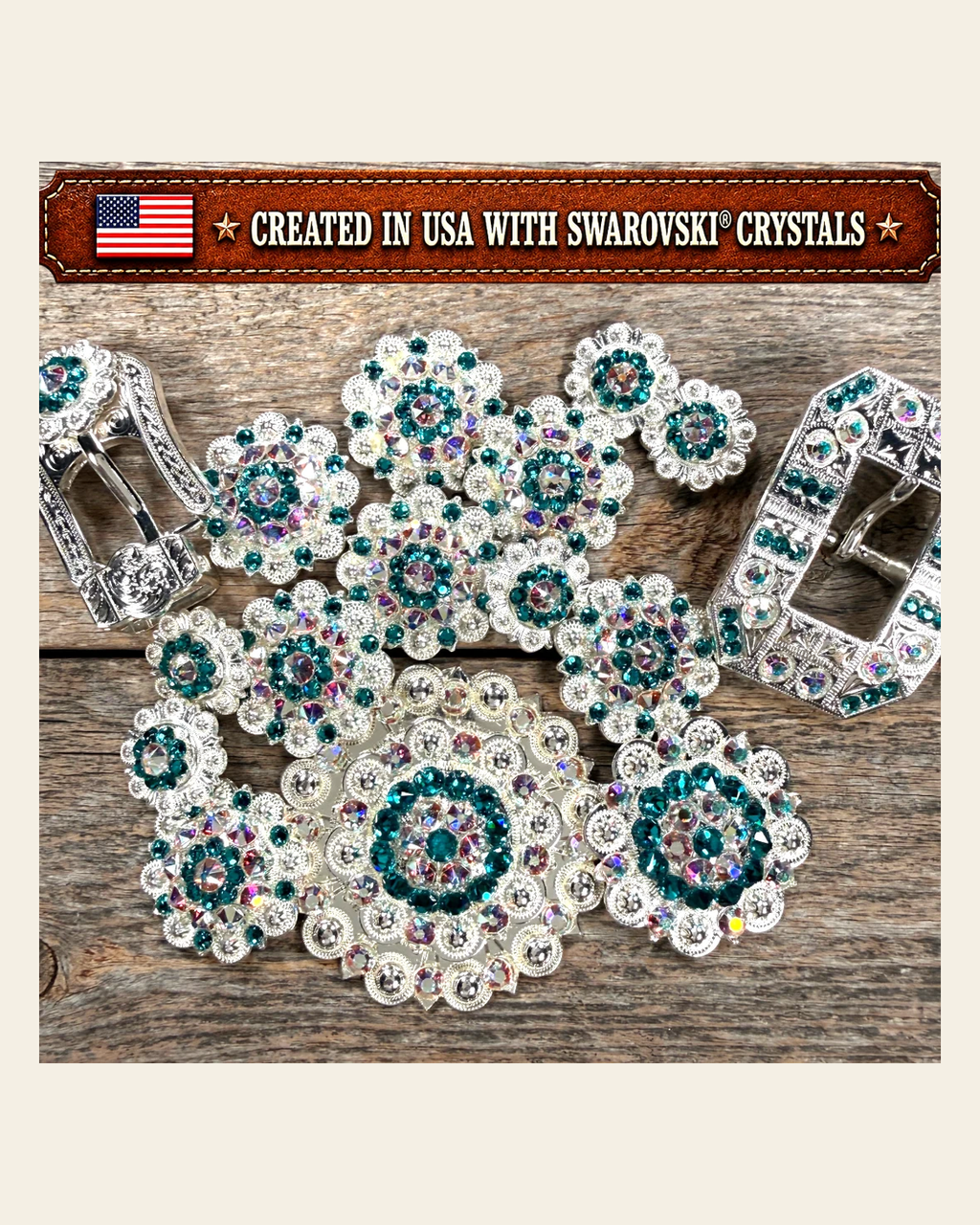 Bright Silver Teal - AB Crystal Conchos | Sizes 1"- 3" | Buckles | Saddle Set | Leather Rosettes | Slide on a warm cream background