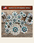 Bright Silver Teal - AB Crystal Conchos | Sizes 1"- 3" | Buckles | Saddle Set | Leather Rosettes | Slide on a warm cream background