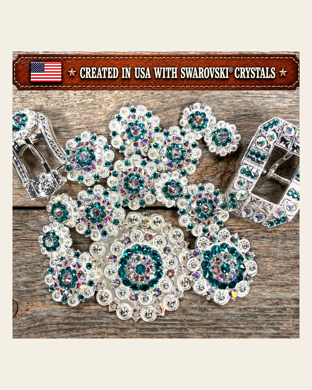 Bright Silver Teal - AB Crystal Conchos | Sizes 1"- 3" | Buckles | Saddle Set | Leather Rosettes | Slide on a warm cream background