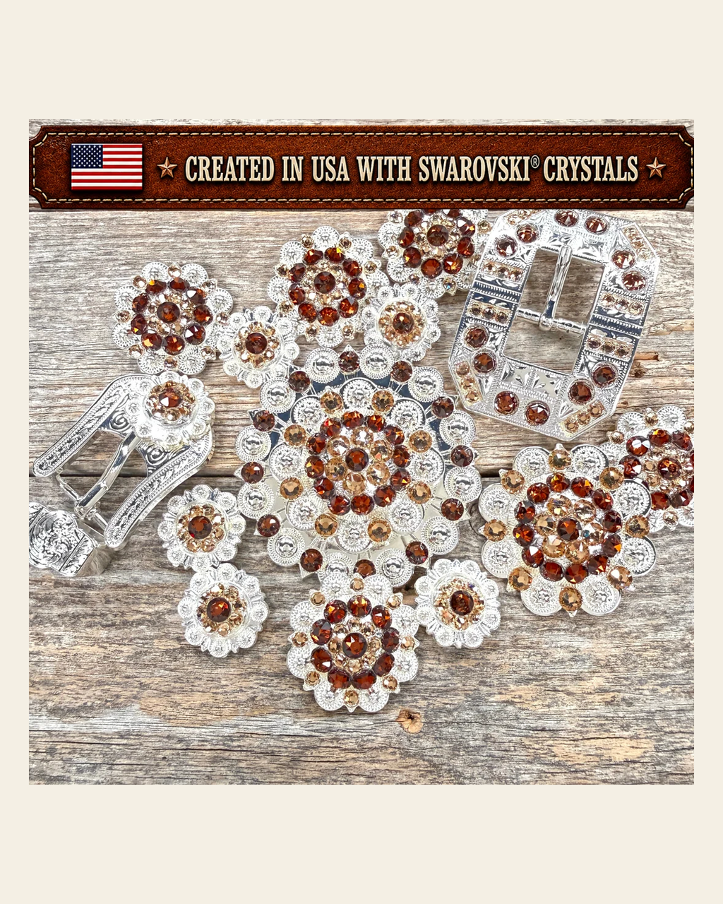 Bright Silver Topaz - Champagne Crystal Conchos | Sizes 1"- 3" | Buckles | Saddle Set | Leather Rosettes | Slide on a warm cream background