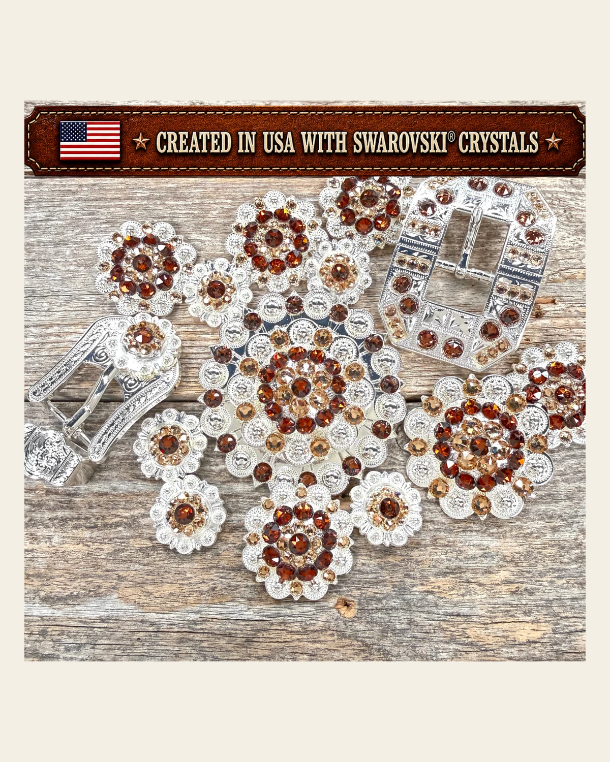 Bright Silver Topaz - Champagne Crystal Conchos | Sizes 1"- 3" | Buckles | Saddle Set | Leather Rosettes | Slide on a warm cream background