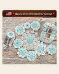 Bright Silver Turquoise - Clear Crystal Conchos | Sizes 1"- 3" | Buckles | Saddle Set | Leather Rosettes | Slide on a warm cream background