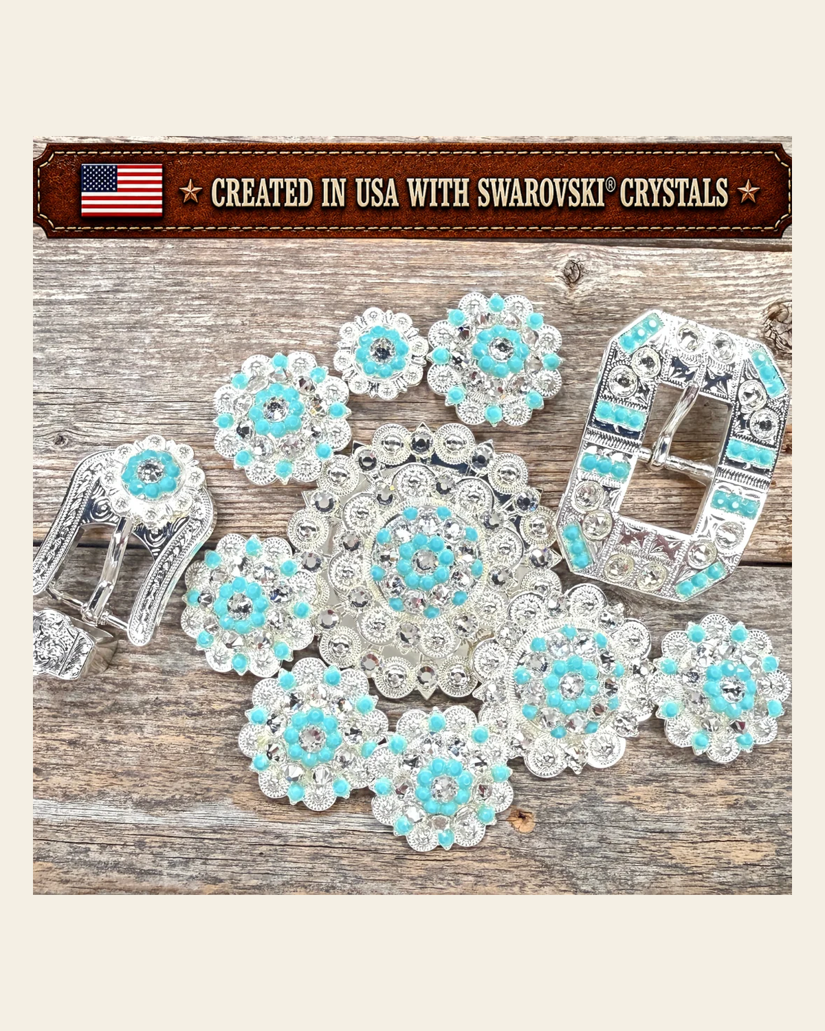 Bright Silver Turquoise - Clear Crystal Conchos | Sizes 1"- 3" | Buckles | Saddle Set | Leather Rosettes | Slide on a warm cream background