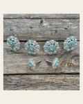 Bright Silver Turquoise & Clear Saddle Conchos on a warm cream background