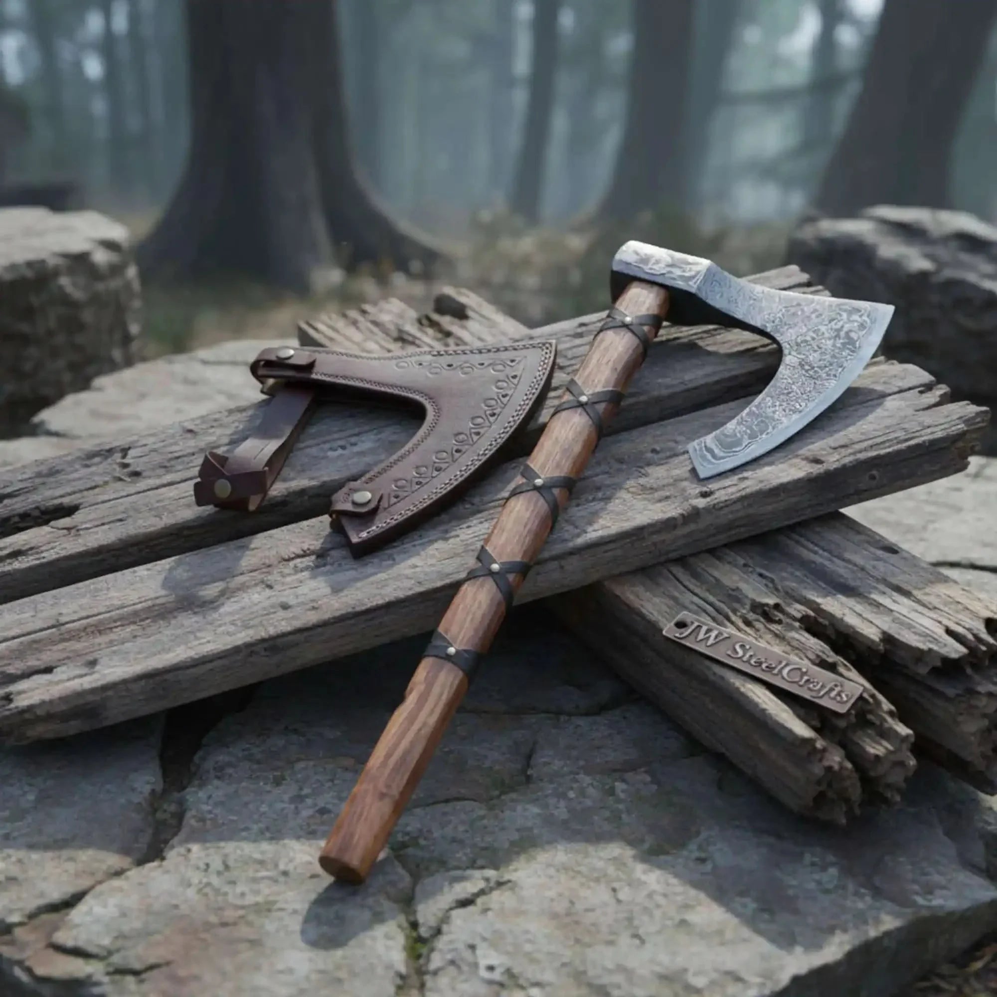 Handmade Damascus Skeggøx Bearded Axe with Leather Wrap and Sheath