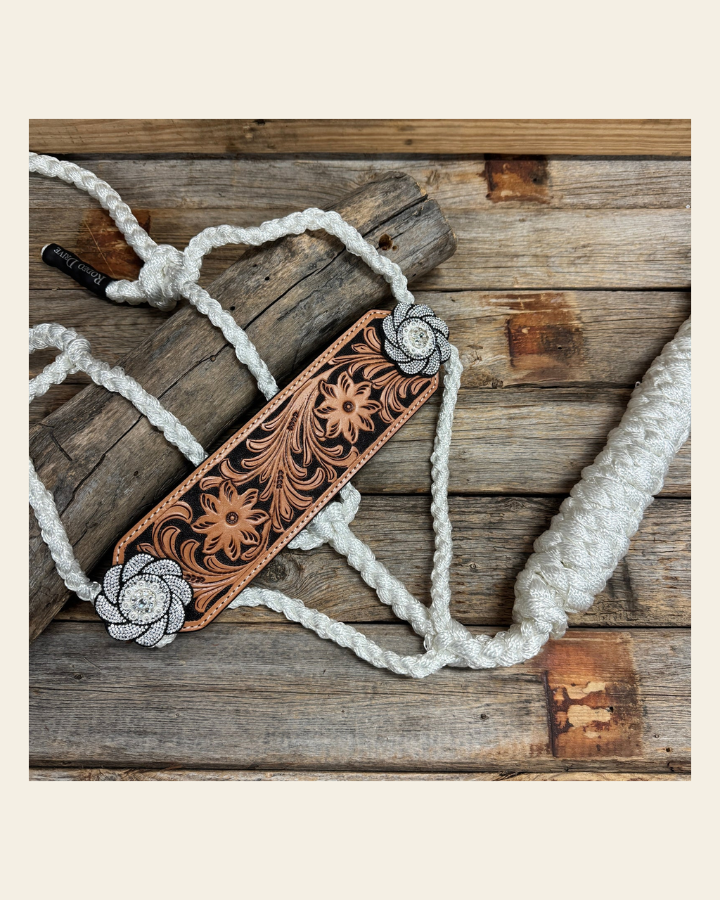 Bronc Noseband Mule Tape Halter with Bright Silver Clear Conchos #MT304 on a warm cream background