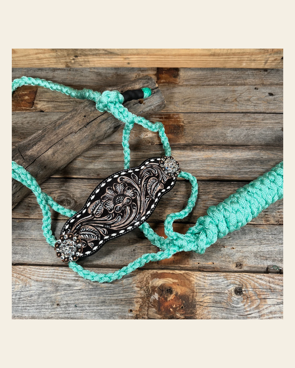 Bronc Noseband Mule Tape Halter with Copper Clear Conchos #MT300 on a warm cream background
