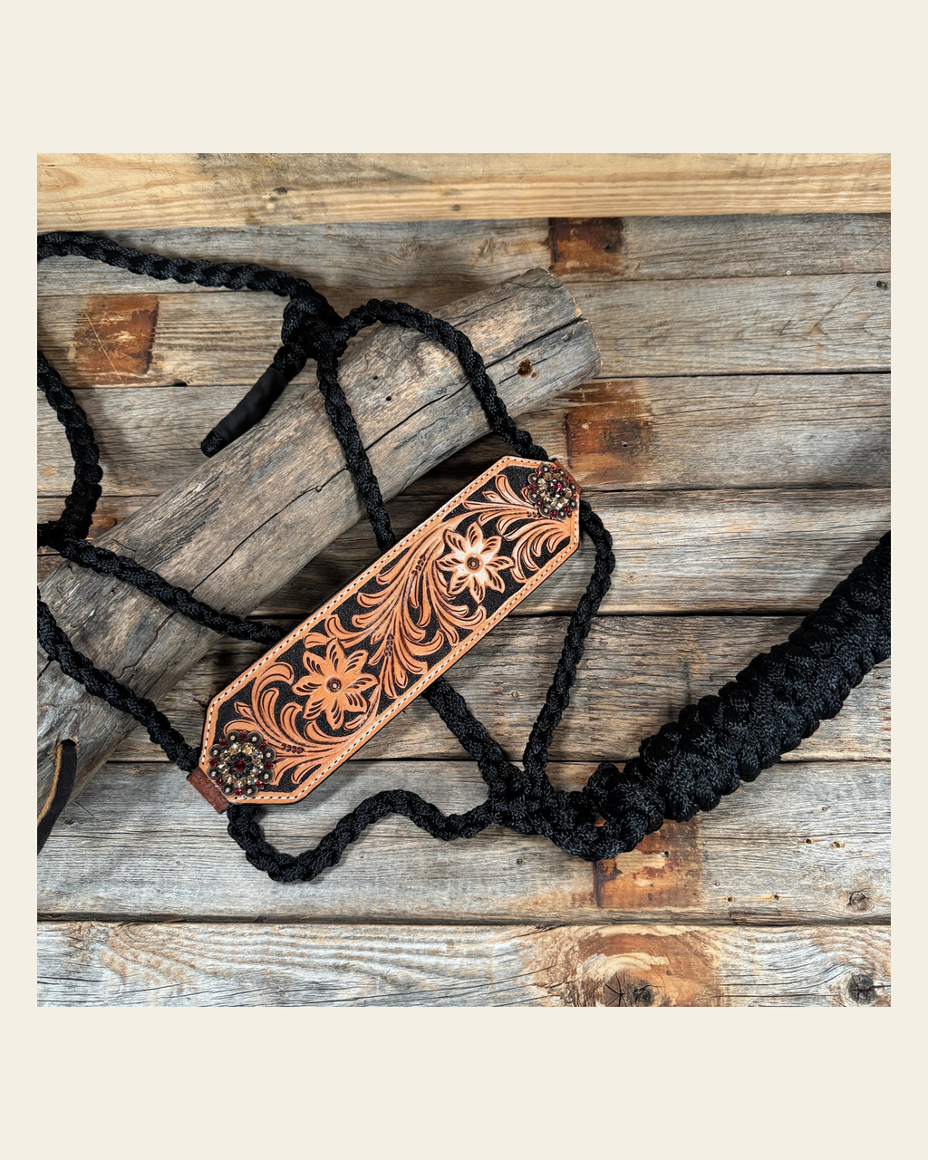 Bronc Noseband Mule Tape Halter with Copper Ruby/Jet/Champagne Conchos #MT302 on a warm cream background