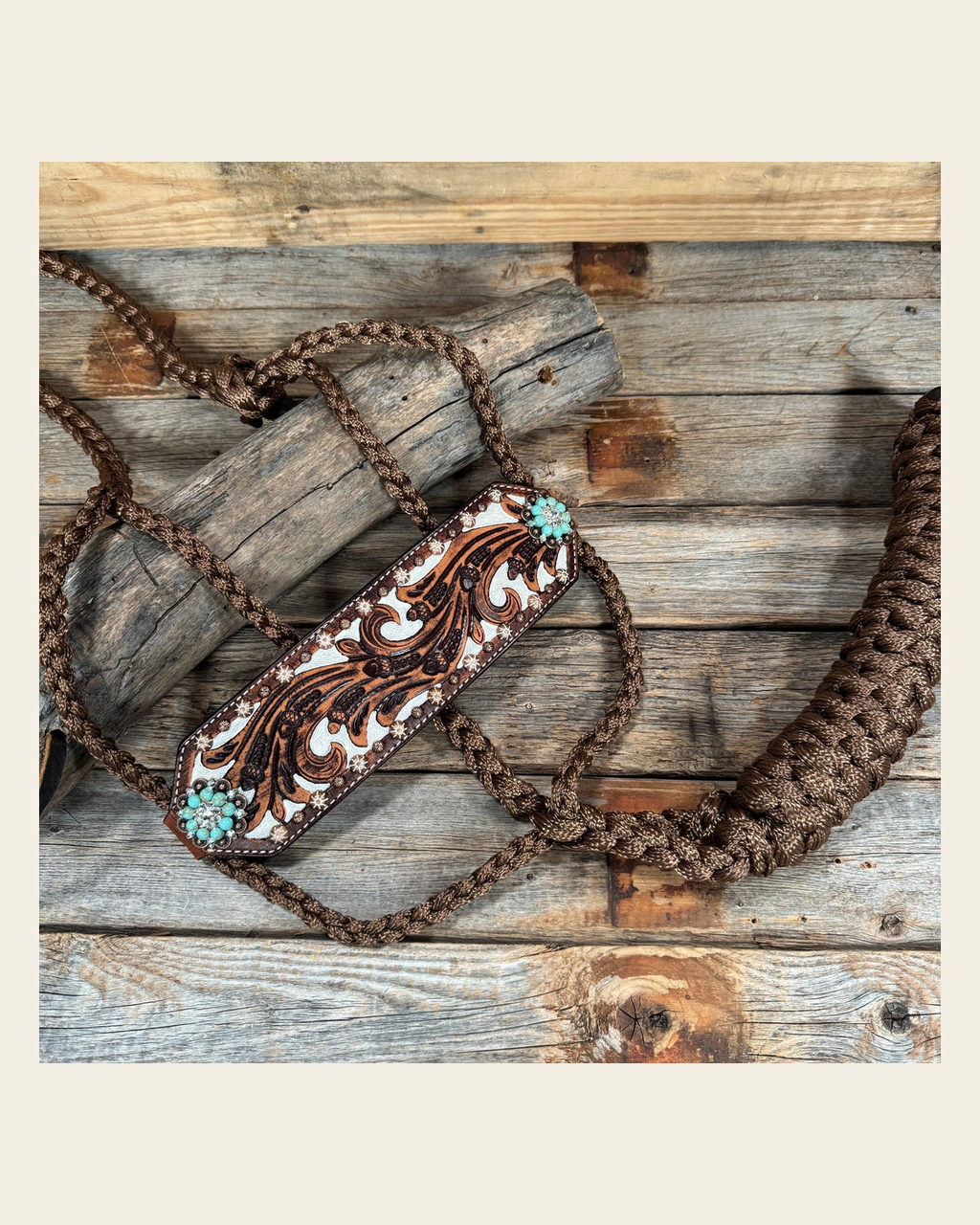 Bronc Noseband Mule Tape Halter with Copper Turquoise/Clear Conchos #MT301 on a warm cream background