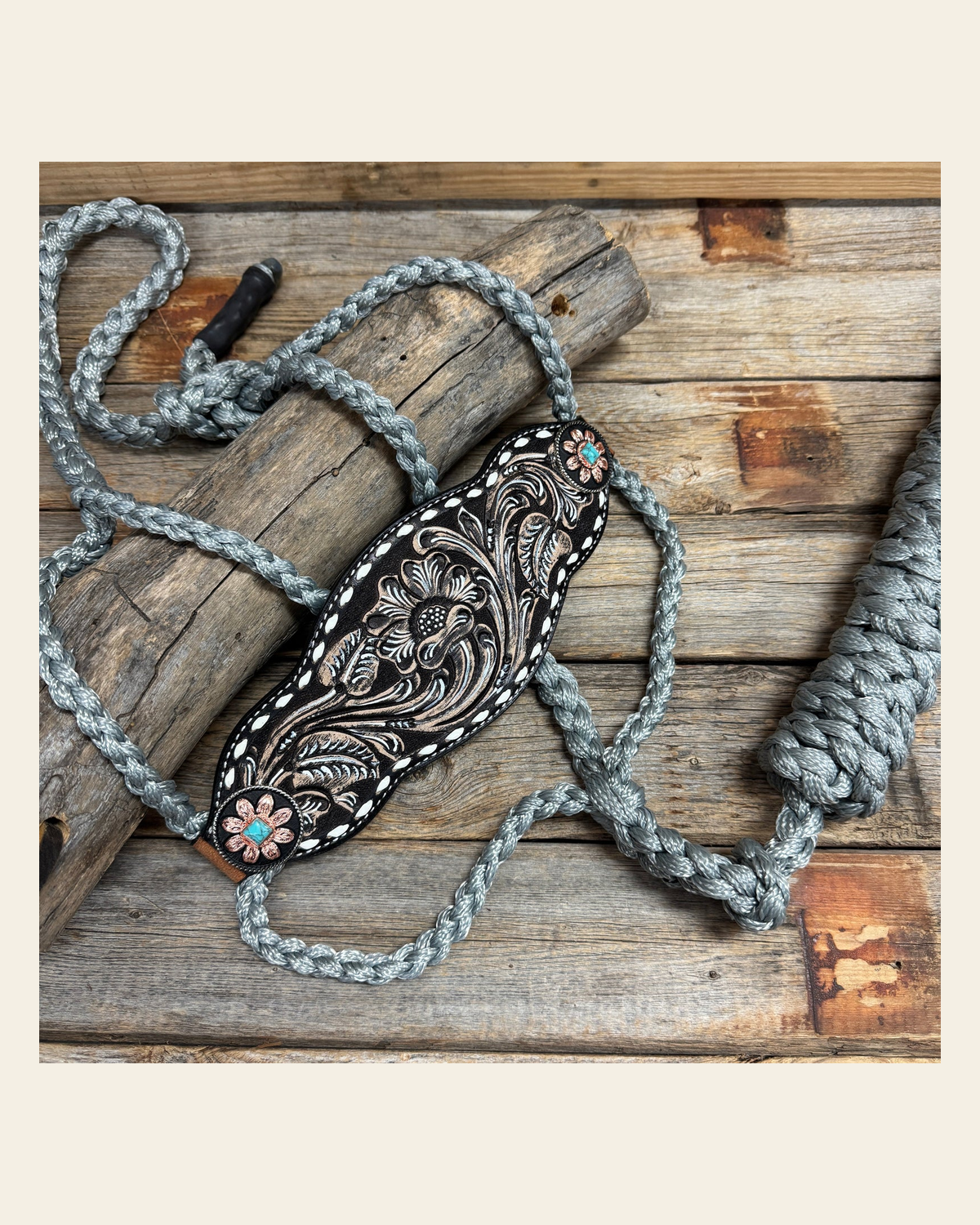 Bronc Noseband Mule Tape Halter with Turquoise Sunflower Western Conchos #MT306 on a warm cream background