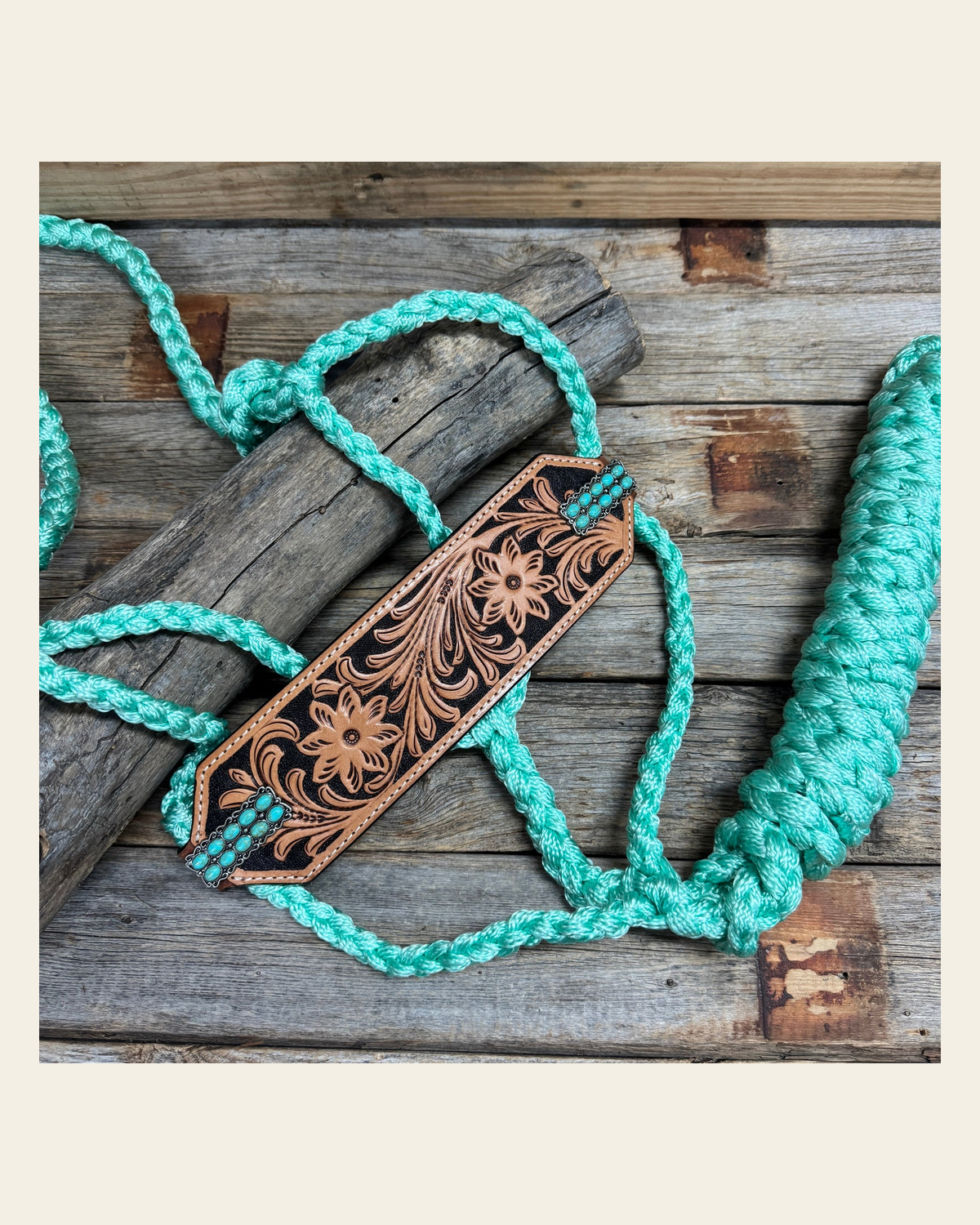 Bronc Noseband Mule Tape Halter with Western Turquoise Conchos #MT303 on a warm cream background