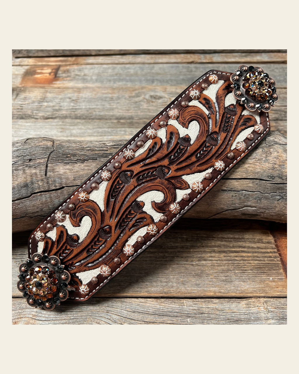 Bronc Noseband With European Copper Conchos on a warm cream background