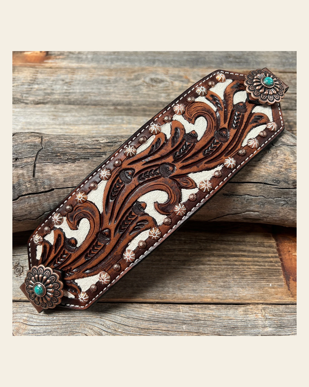 Bronc Noseband With Green Turquoise Conchos on a warm cream background