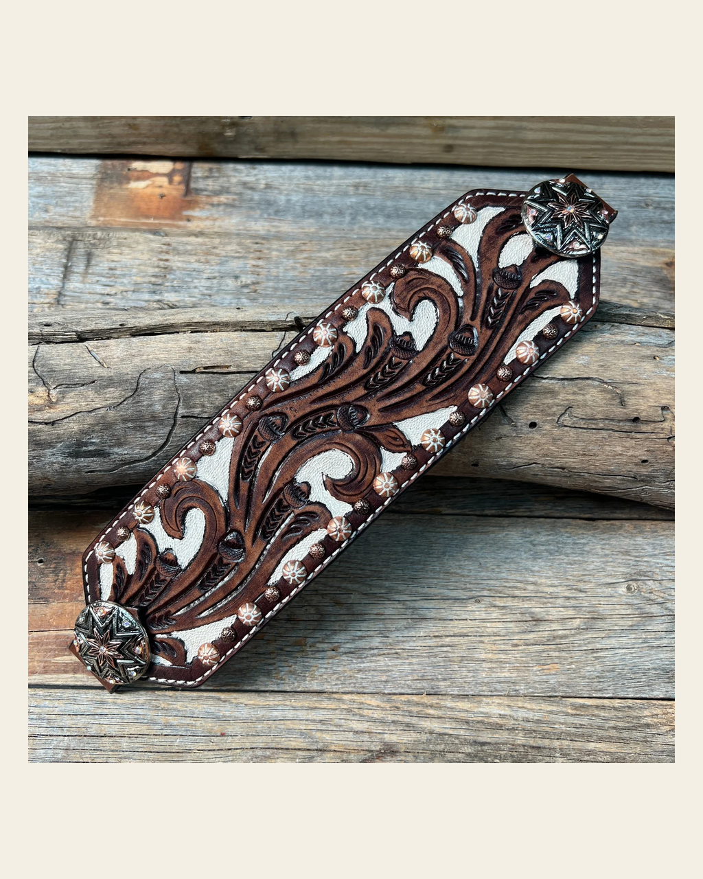 Bronc Noseband With Starburst Western Conchos on a warm cream background