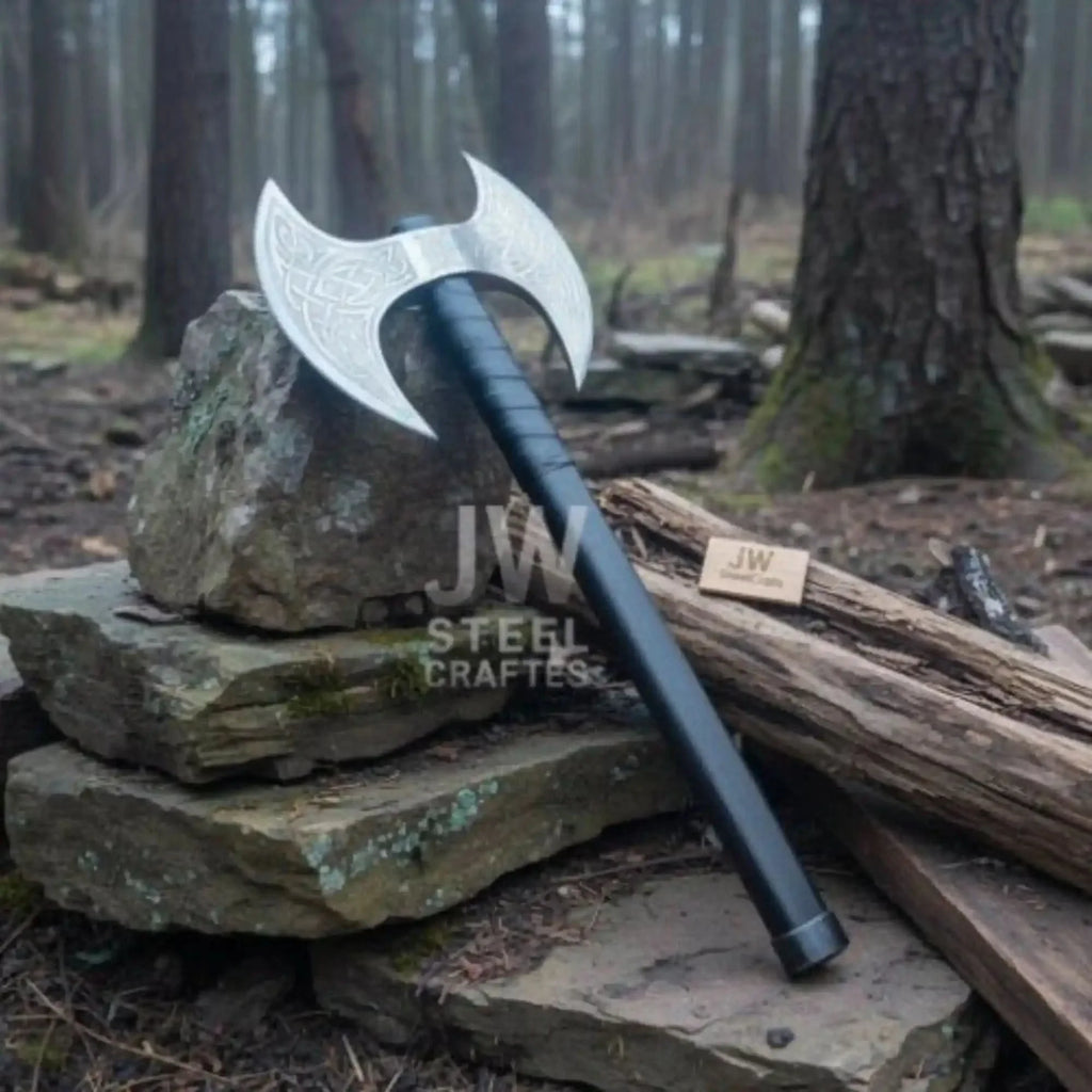 Custom Handmade Double-Headed Viking Axe with Nordic Knotwork Engravings and Cord-Wrapped Handle