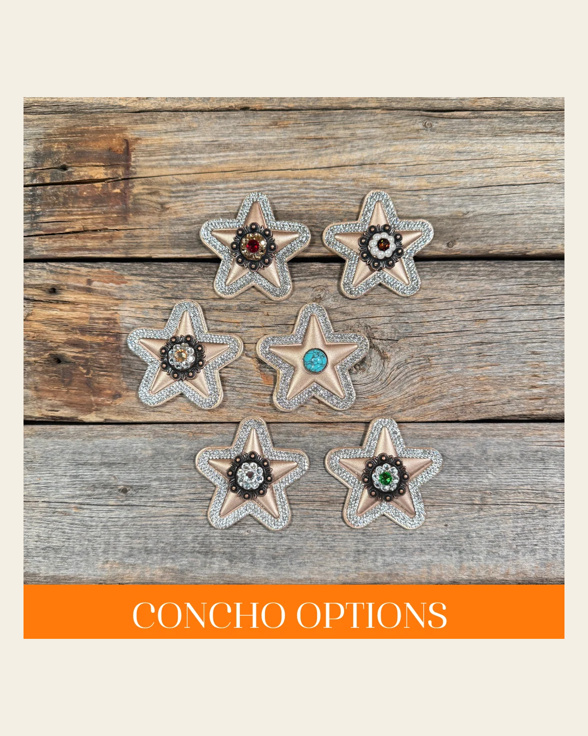 Bronze Small Star Rhinestone Rosette - Assorted Conchos on a warm cream background