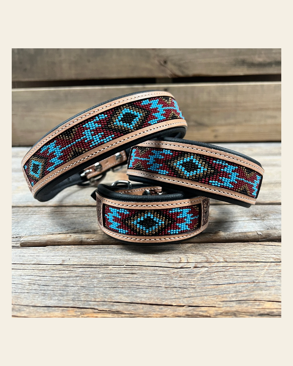 Tooled Brown and Blue Genuine Leather Beaded Dog Collar #DC438 on a warm cream background