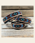 Tooled Brown and Blue Genuine Leather Beaded Dog Collar #DC438 on a warm cream background