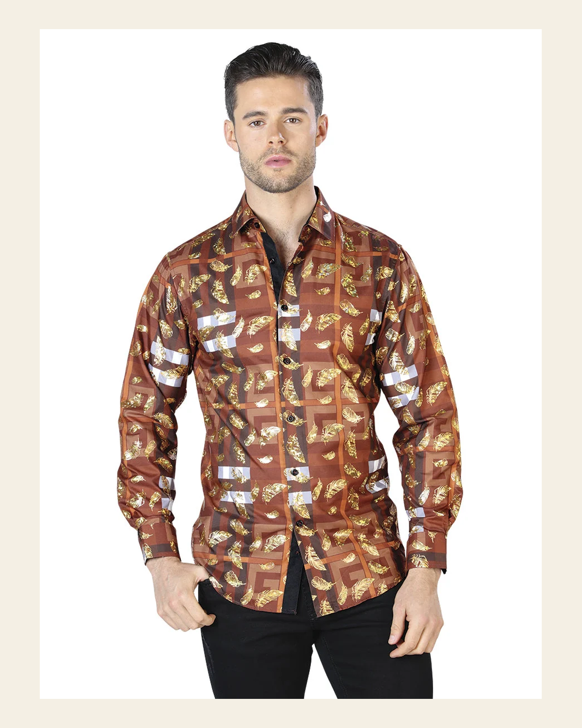 Brown And Gold Casual Long Sleeve Shirt 44024 on a warm cream background