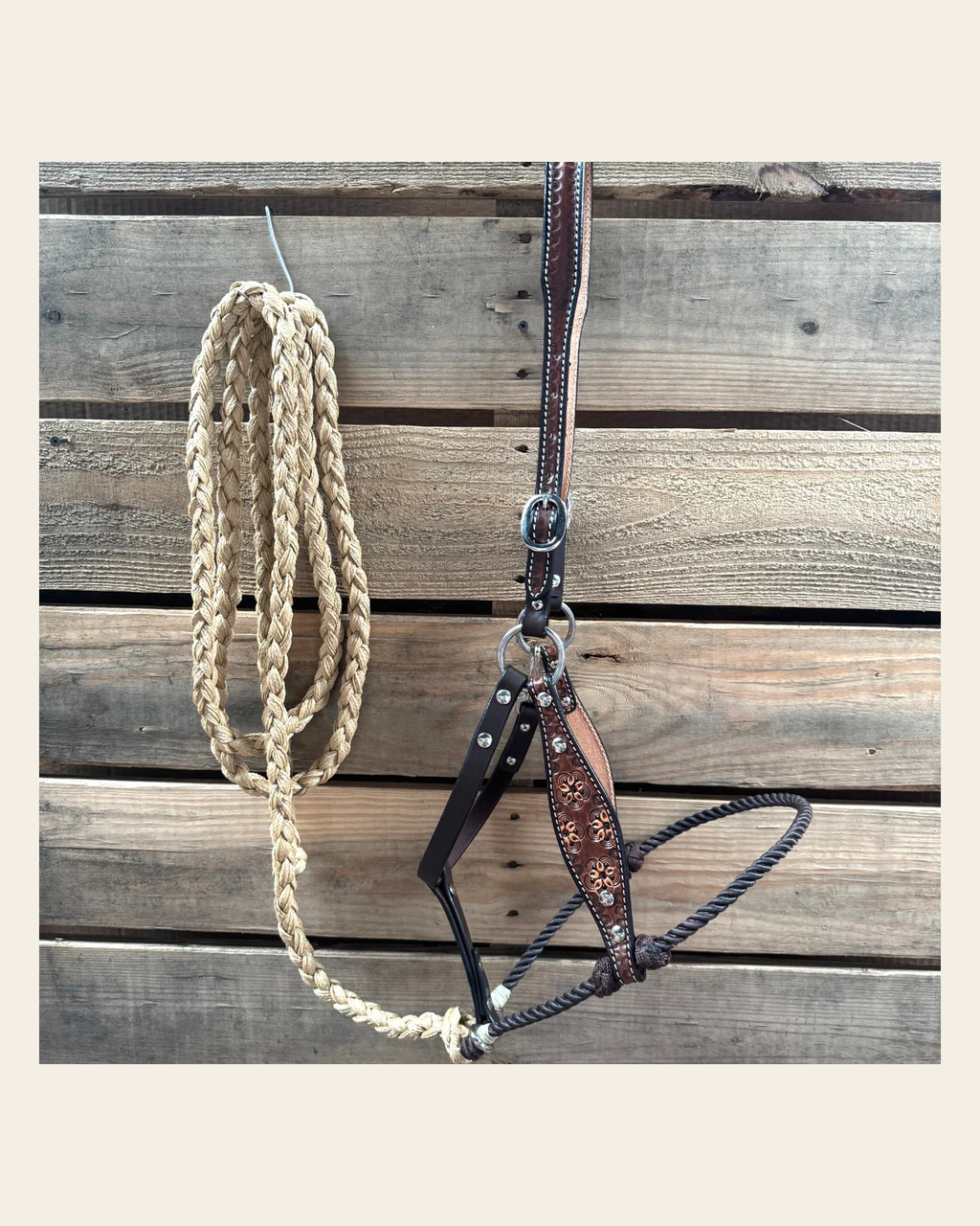 Brown Flower Power Tooled Lariat & Leather Combo Halter on a warm cream background