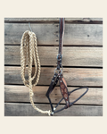 Brown Flower Power Tooled Lariat & Leather Combo Halter on a warm cream background