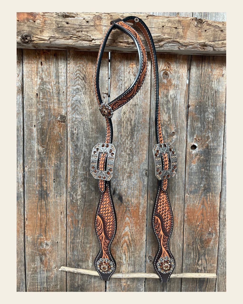 Brown Leaf Scalloped Champagne an Topaz One Ear Headstall #OE105 on a warm cream background