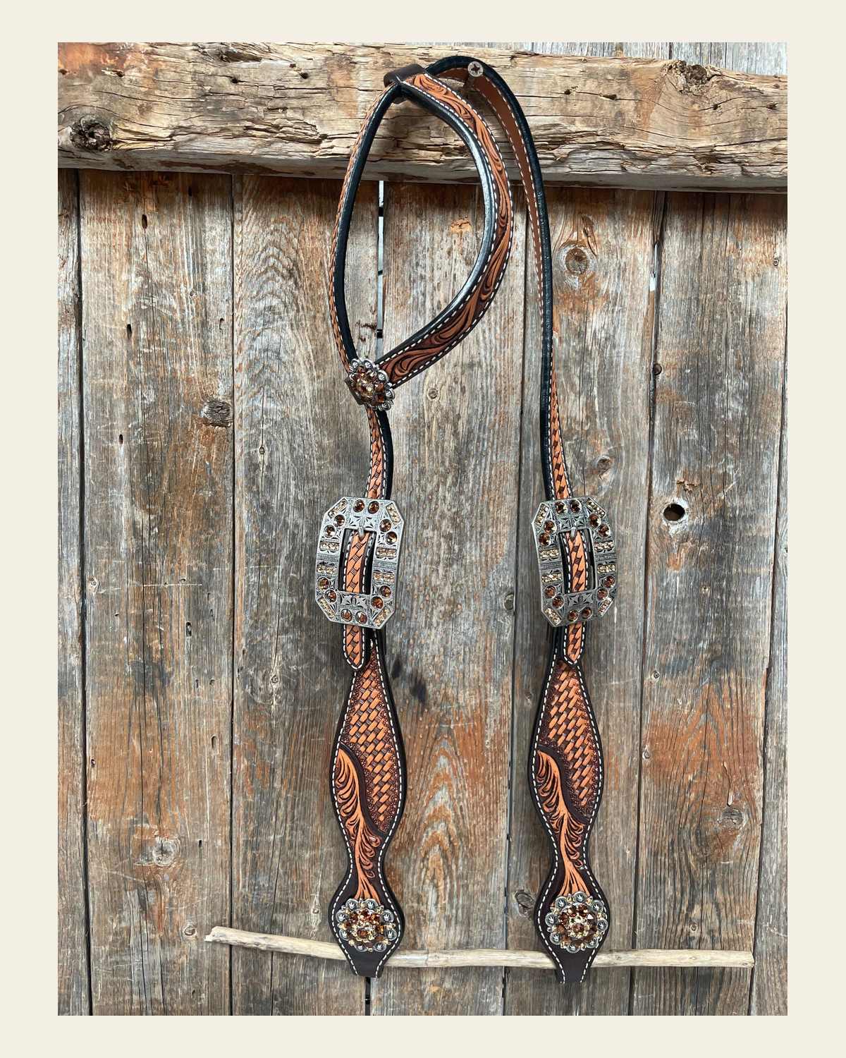 Brown Leaf Scalloped Champagne an Topaz One Ear Headstall #OE105 on a warm cream background