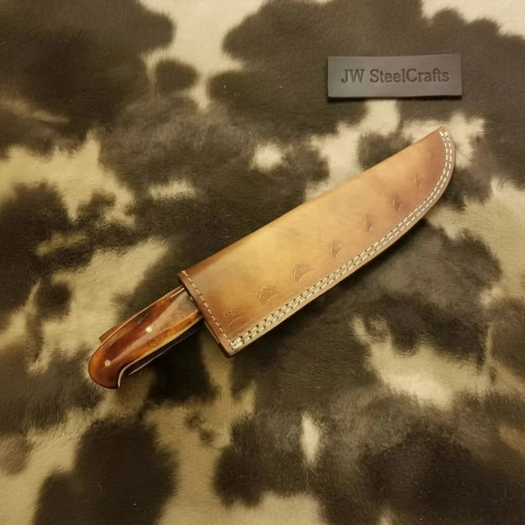 14-Inch Handmade Damascus Chef Knife – Brown Handle & Brass Bolster | Layered Damascus Blade | Hand-Stitched Leather Sheath Included