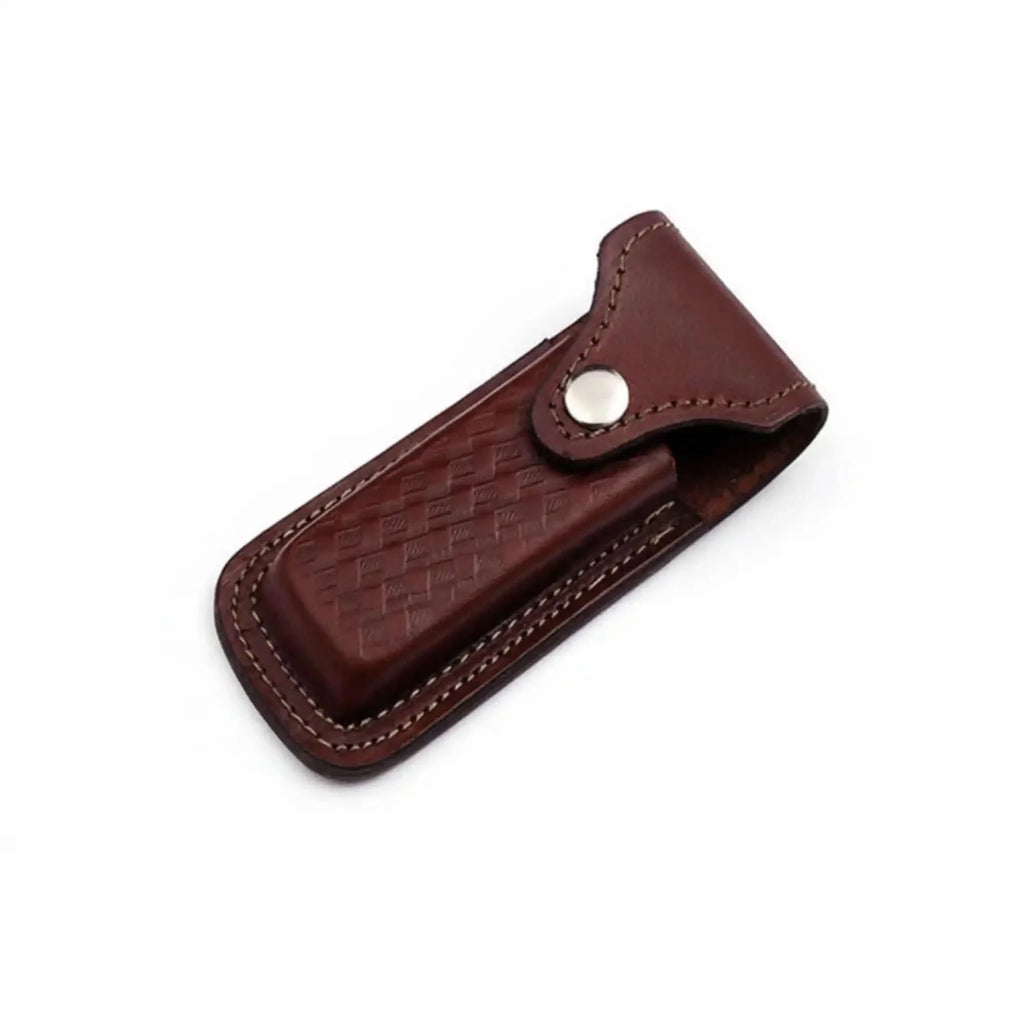 Handmade Damascus Steel Folding Knife – Engraved Brass Handle EDC Pocket Knife with Leather Sheath
