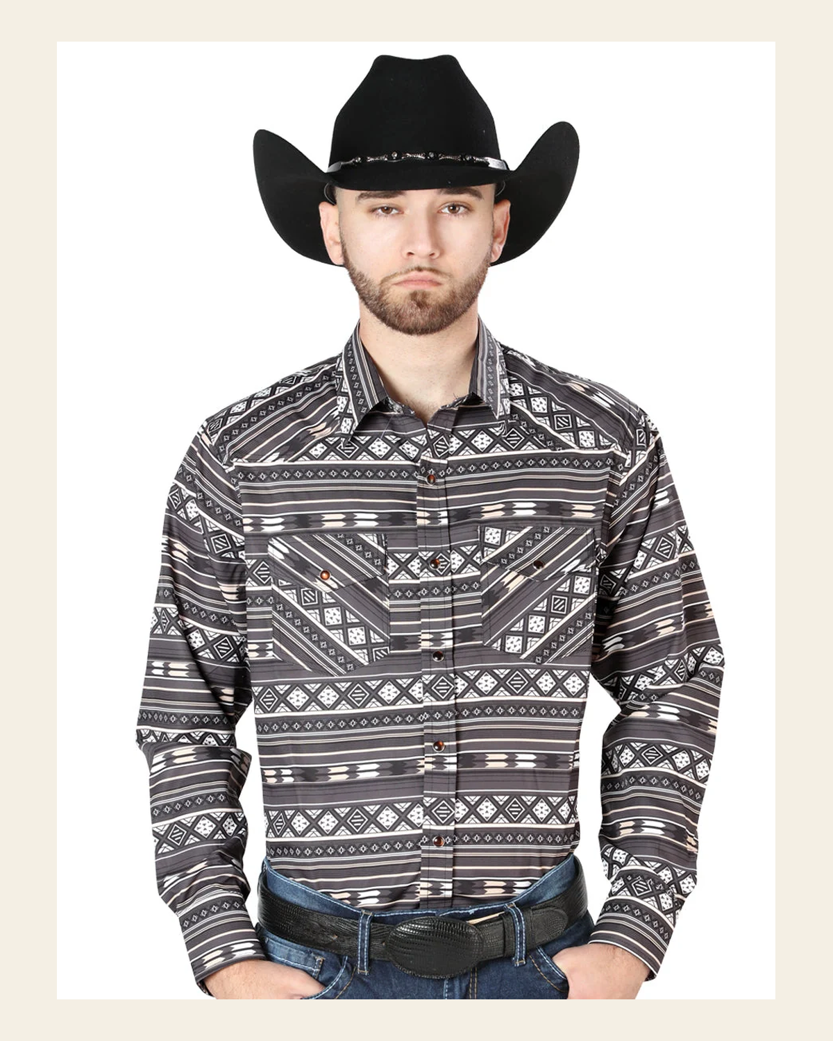 Men's Long Sleeve Western Fashion Snap Button Shirt - Brown 44217 on a warm cream background