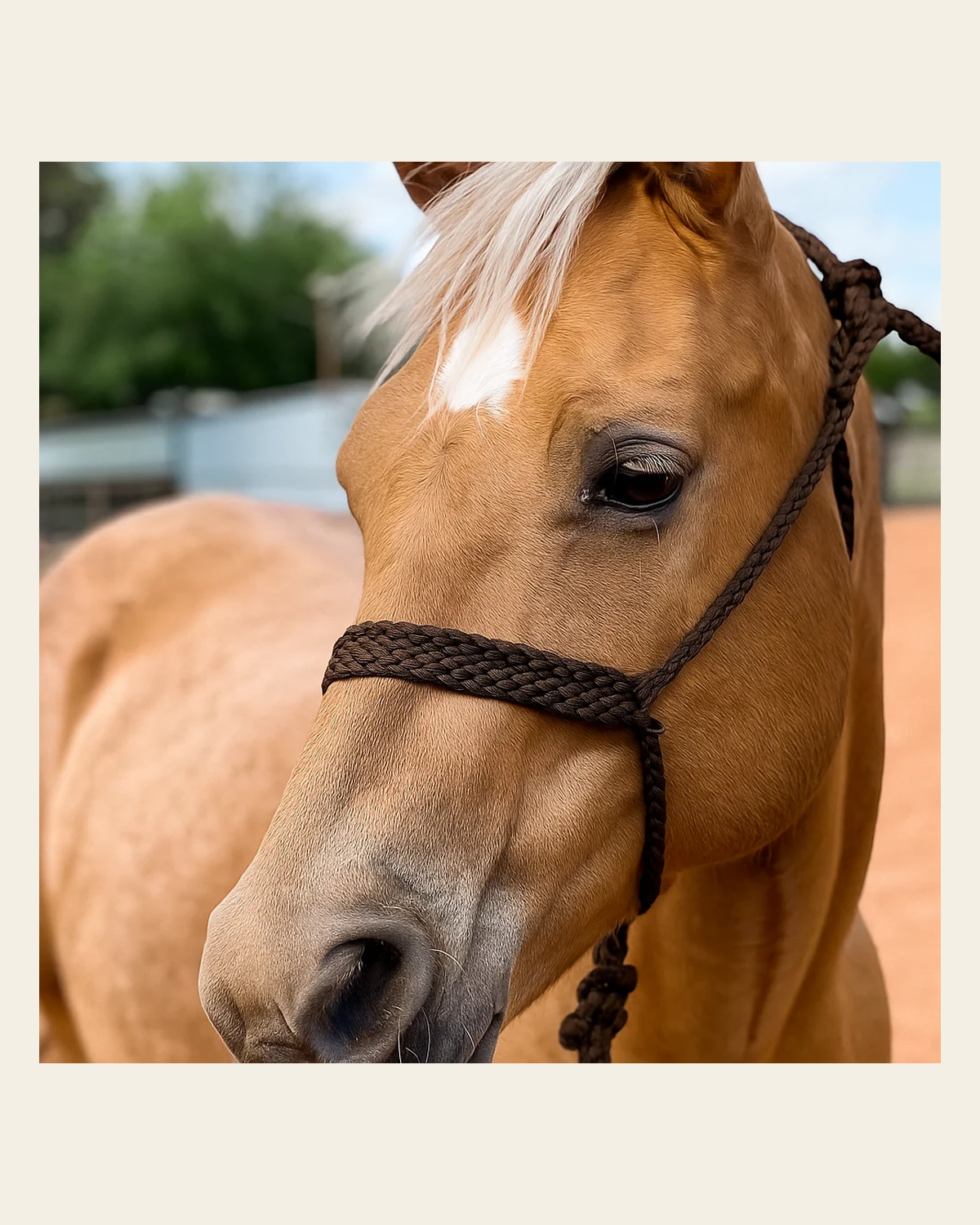Brown Mule Tape Halter on a warm cream background