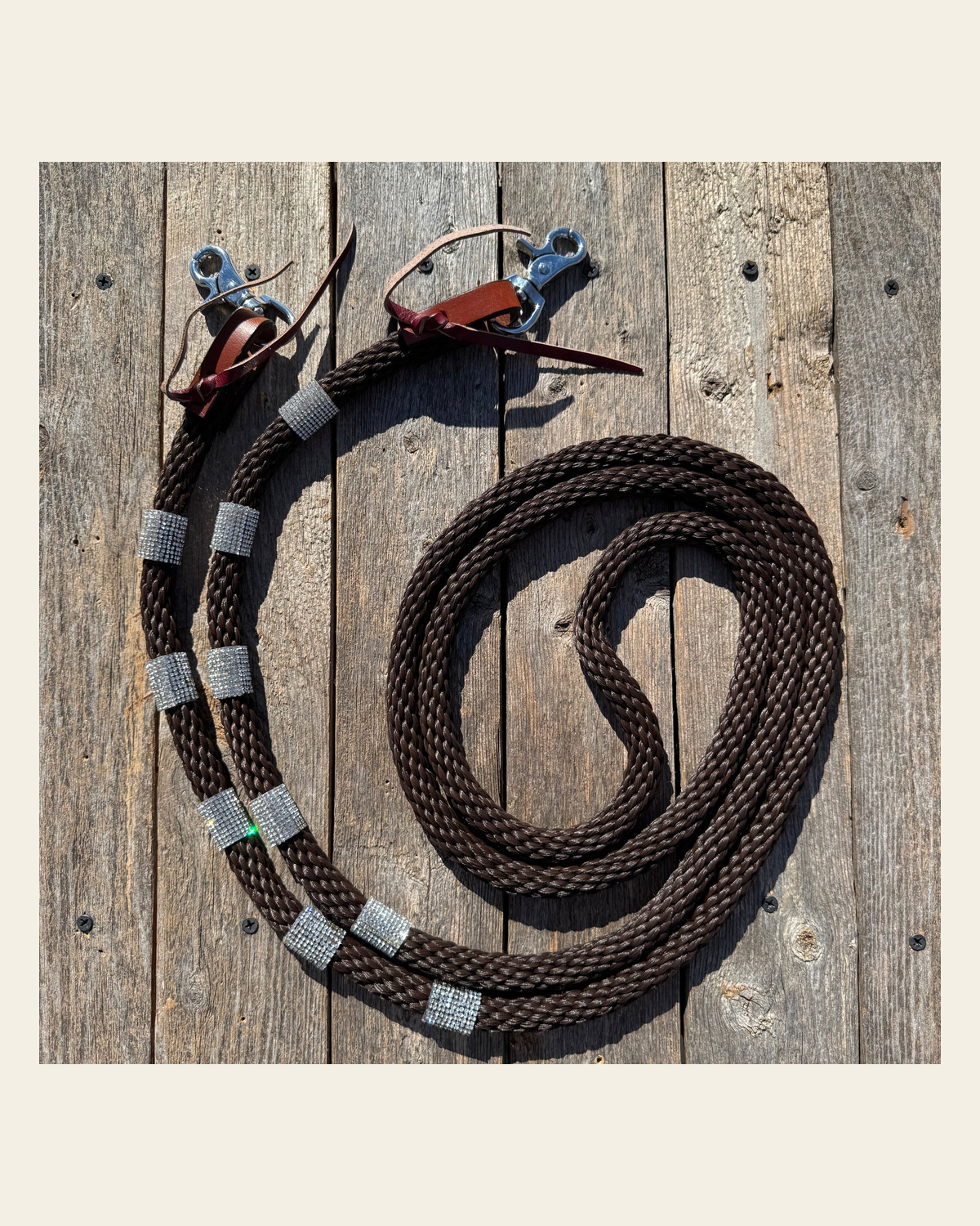 Brown Nylon Barrel Racing Reins with Rhinestones #BNR102 on a warm cream background