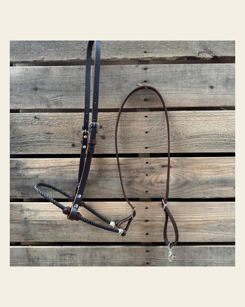 Brown Single Rope Noseband Lariat with Leather Hanger #HAN101 on a warm cream background