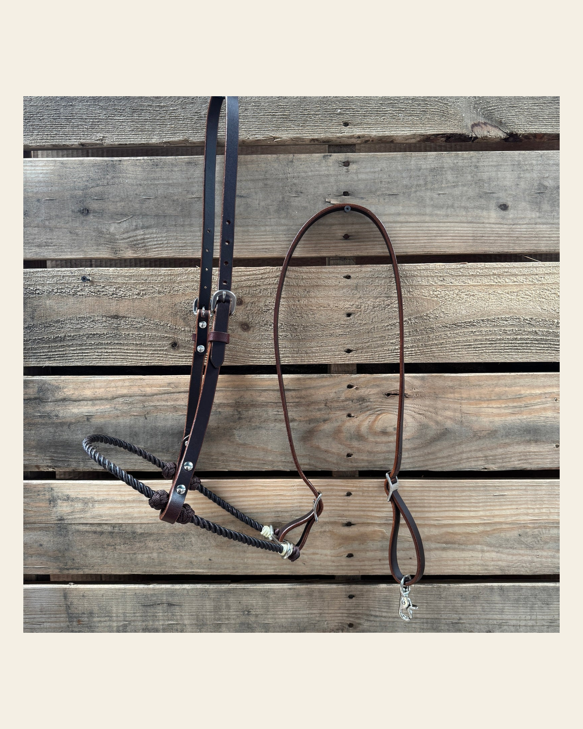 Brown Single Rope Noseband Lariat with Leather Hanger #HAN101 on a warm cream background