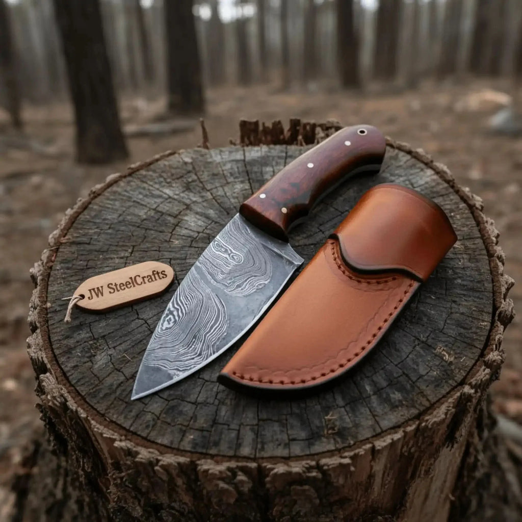 Damascus Skinner Knife 6” Fixed Blade rose wood Handle