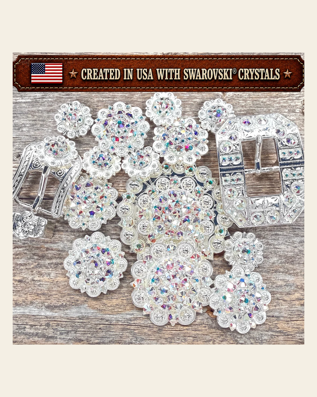 Bright Silver AB Crystal Conchos | Sizes 1"- 3" | Buckles | Saddle Set | Leather Rosettes | Slide on a warm cream background